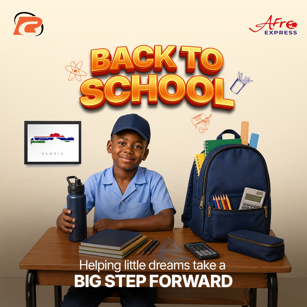 Back to School campaign in Gambia by Remit Choice and Afro Express, featuring a schoolboy with a backpack and school supplies, encouraging families to send money with Remit Choice and receive via Afro for a chance to win a complete school backpack.